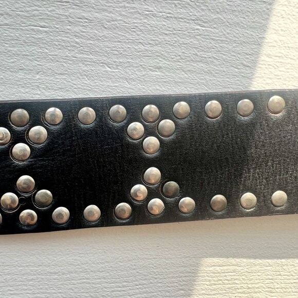 Black Leather Studded Western Boho Moto belt brass buckle 37 ins long main image 7